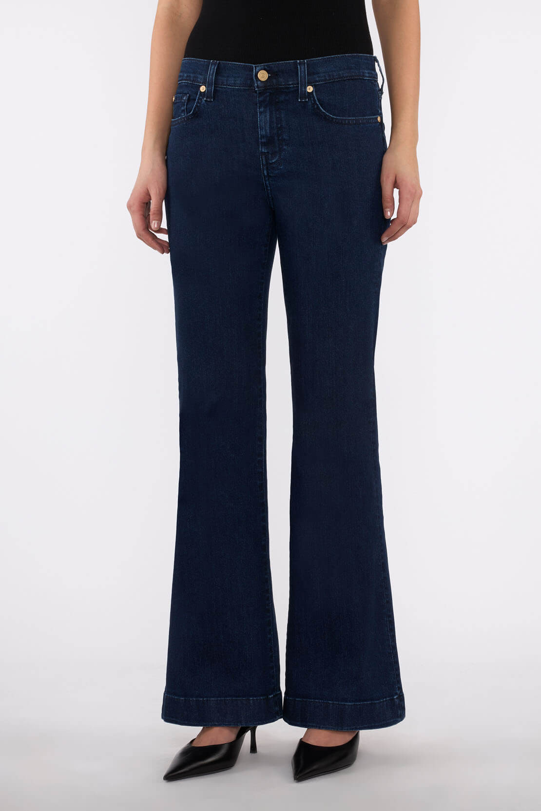 Front view of 7 For All Mankind Dojo Jeans in Classical wash with high-rise wide-leg silhouette.