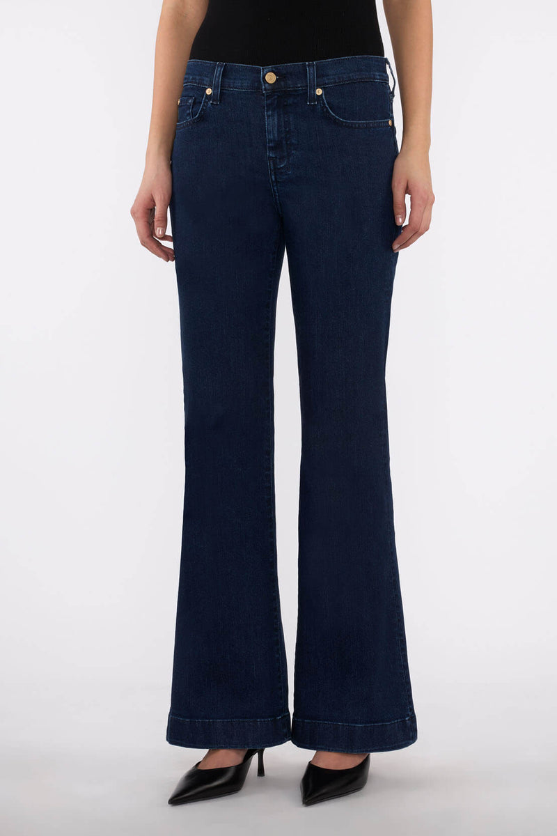 Front view of 7 For All Mankind Dojo Jeans in Classical wash with high-rise wide-leg silhouette.