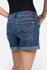 7 For All Mankind Mid Roll Denim Shorts vanity wash angled-back view Lemonberry Aurora
