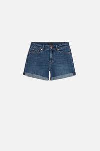 7 For All Mankind Mid Roll Denim Shorts vanity wash flat-lay Lemonberry Aurora