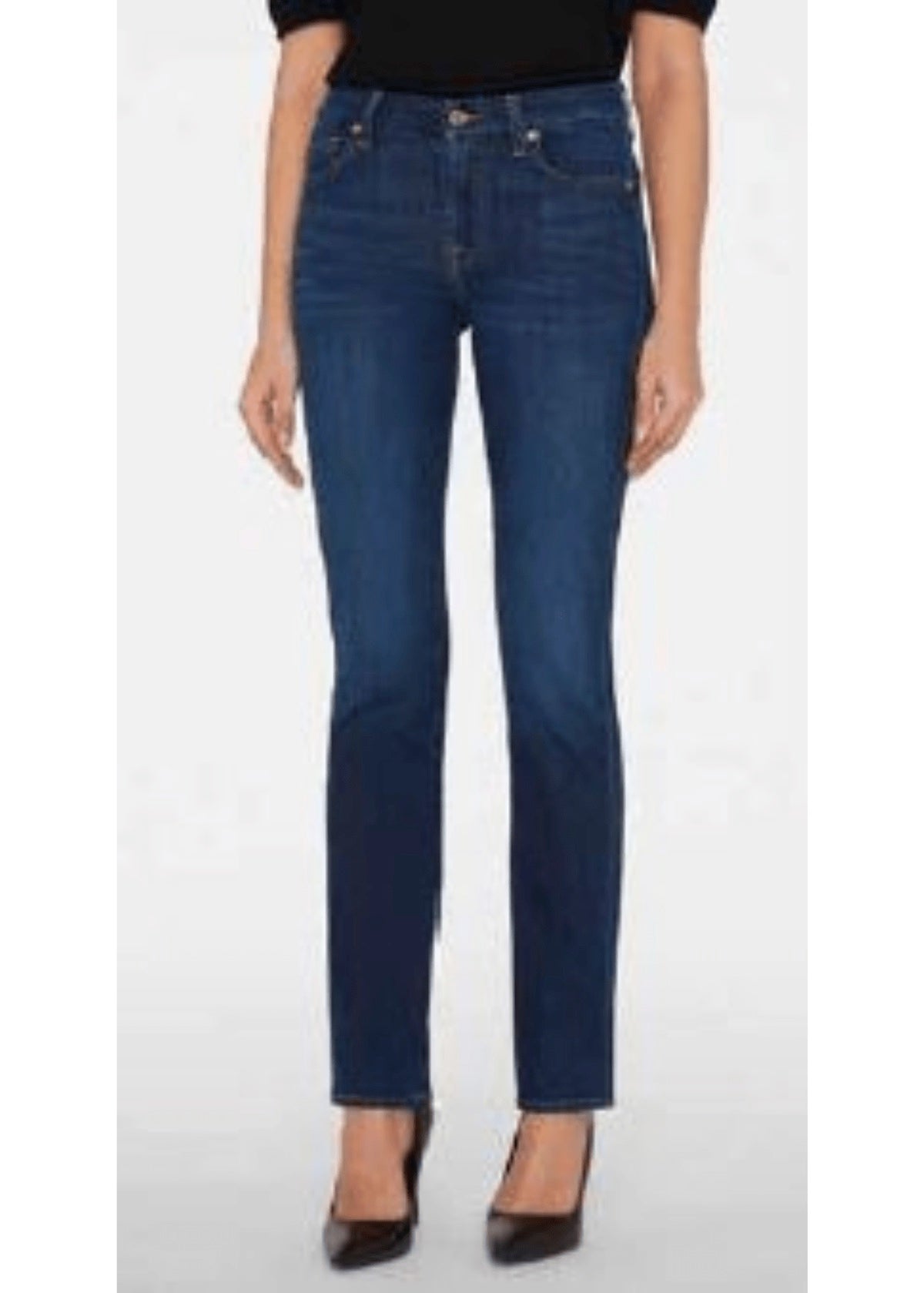 Front view of 7 For All Mankind Kimmie Straight Indigo Rinse Jeans, photographed at Lemonberry in Aurora, ON.