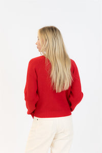 Person wearing a red sweater on a white background