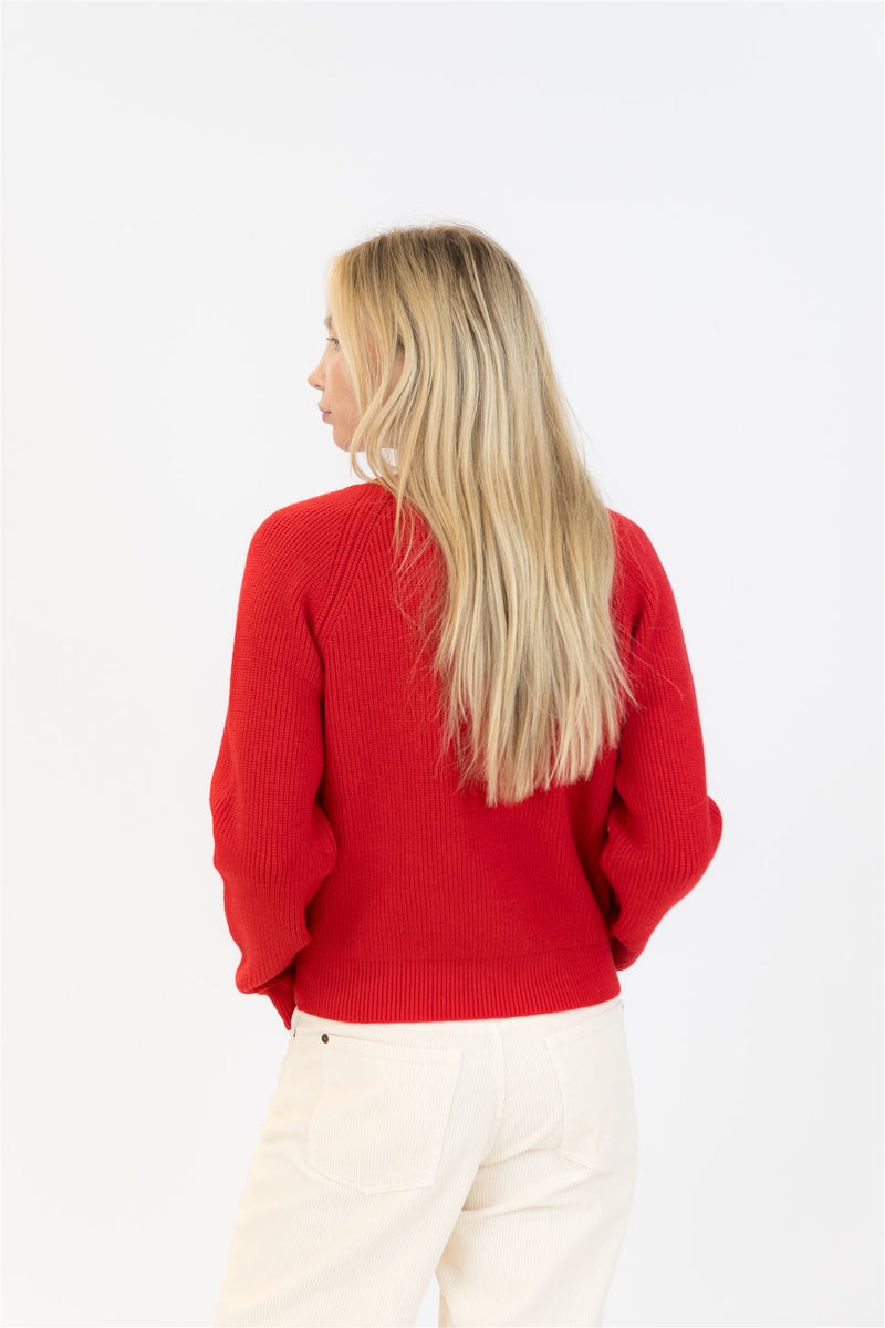 Person wearing a red sweater on a white background