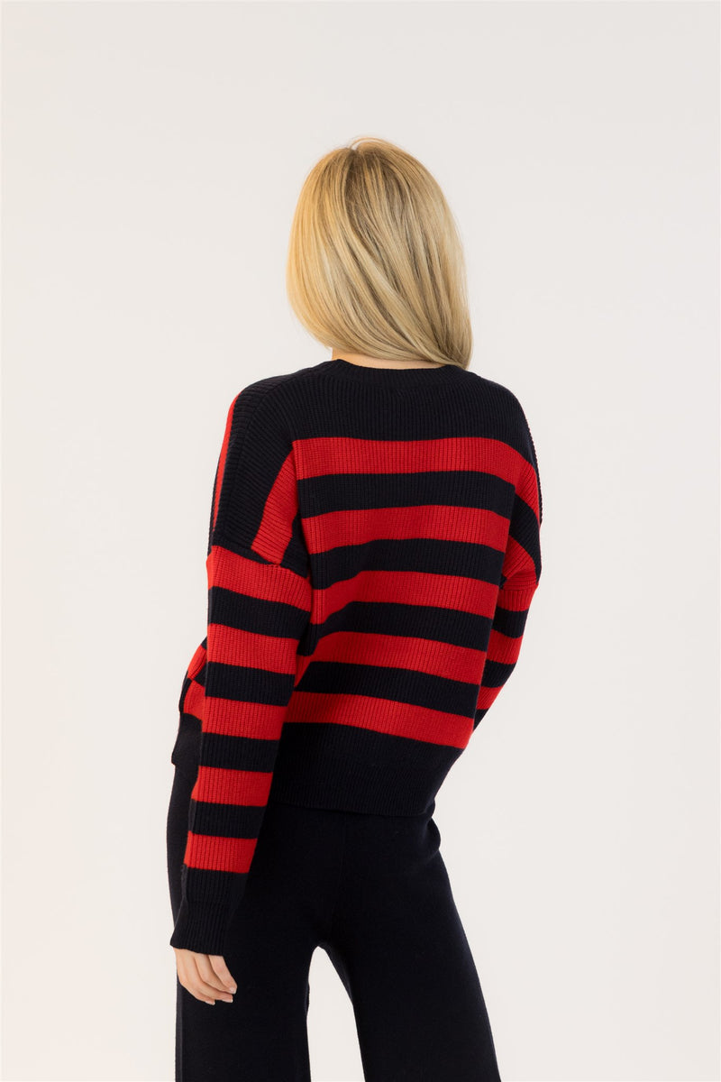 Back view of Bobby sweater with bold horizontal stripe detail