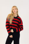 Close-up of sweater’s red and navy ribbed knit texture