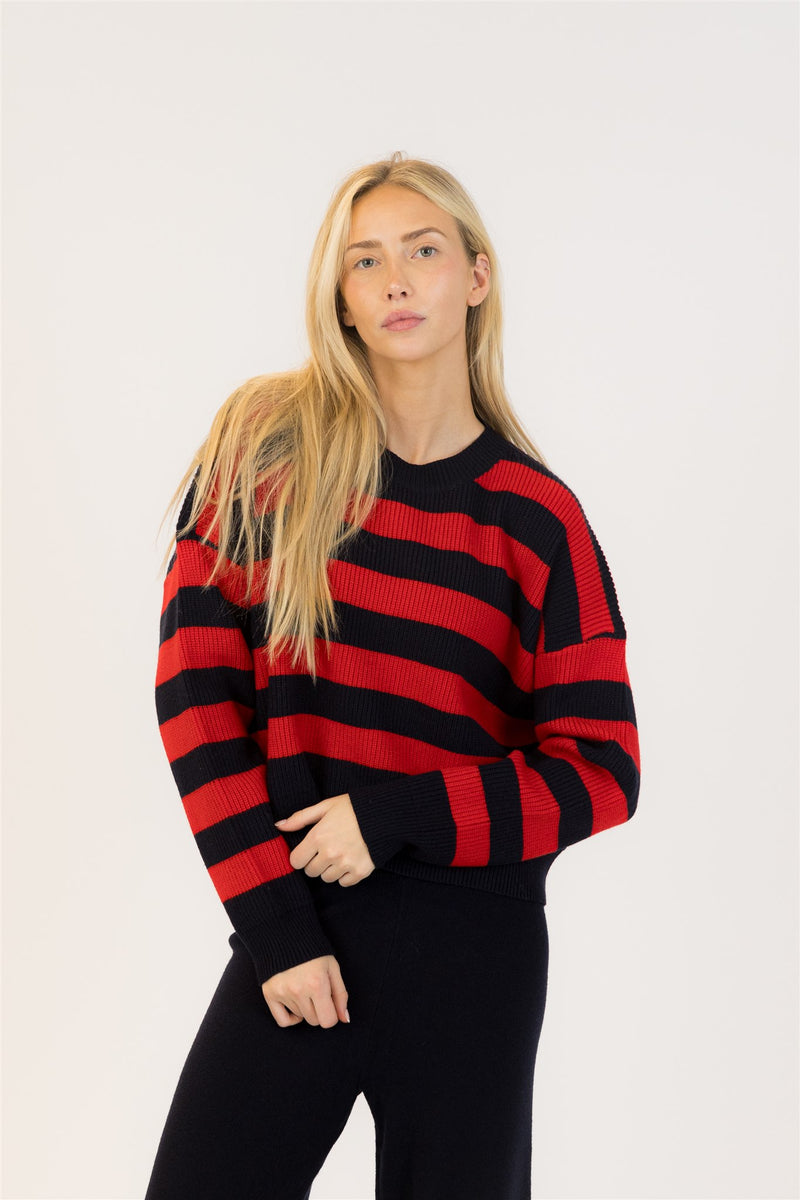 Close-up of sweater’s red and navy ribbed knit texture