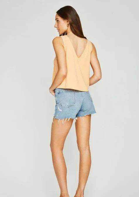 Gentle Fawn Kit Tank – Back view of the lightweight linen blend tank with lace trim and button front, available at Lemonberry.