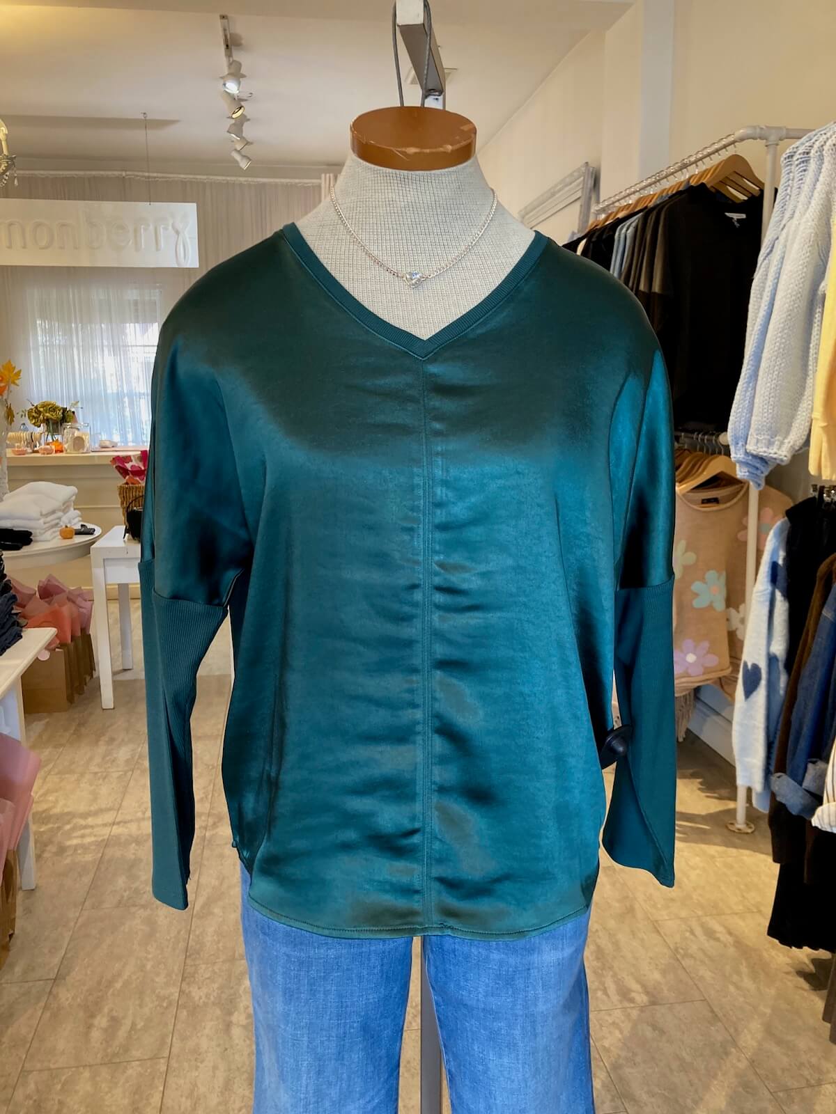 Melissa Nepton Cindy blouse in teal, displayed on mannequin at Lemonberry in Aurora, ON.