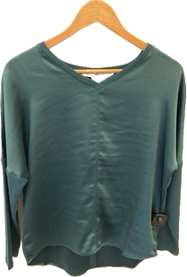 Green blouse on a wooden hanger against a white background inside Lemonberry