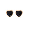 A pair of Foxy Originals Freya Earrings featuring heart-shaped black stones set in a 14K gold-plated fine pewter border. Handmade in Canada.