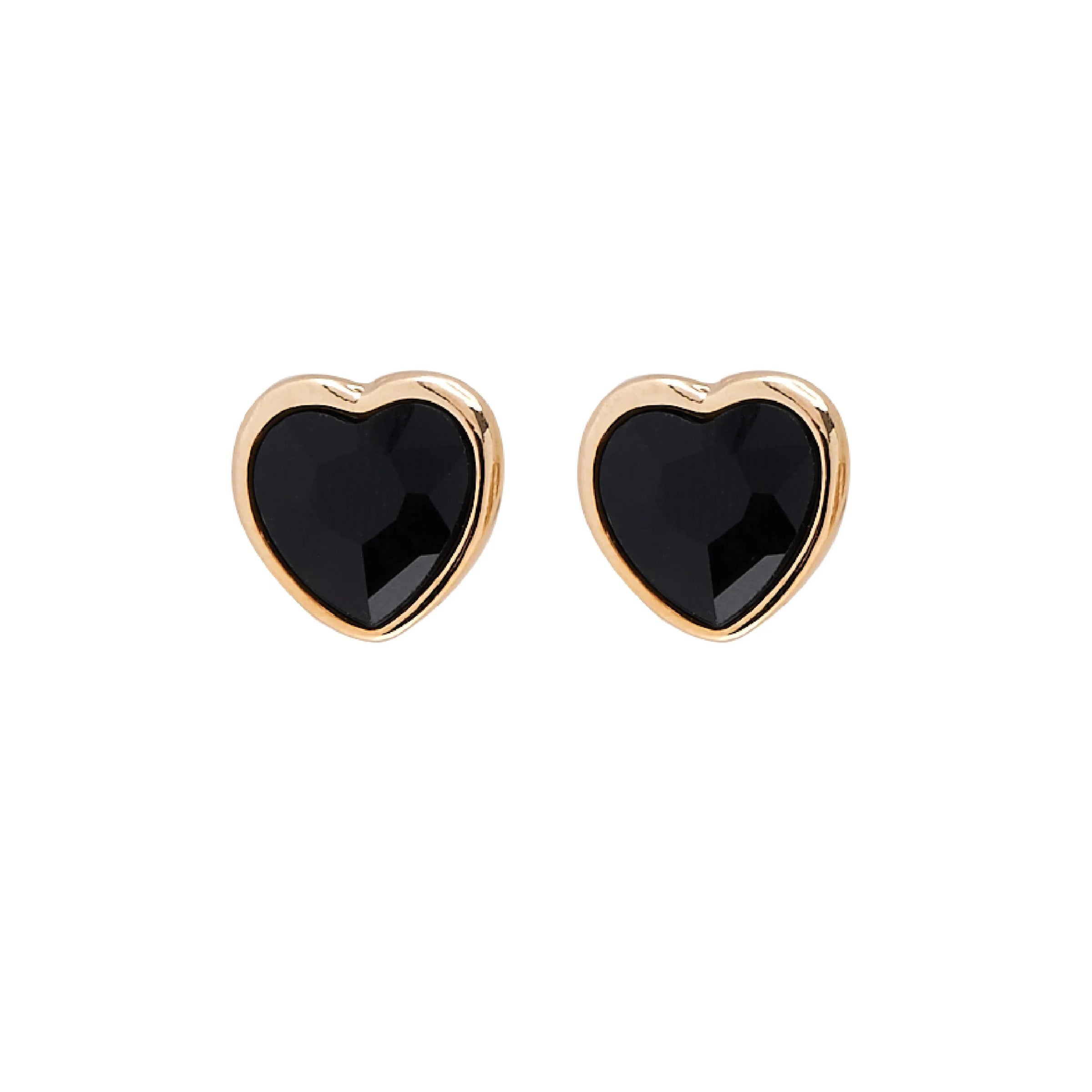 A pair of Foxy Originals Freya Earrings featuring heart-shaped black stones set in a 14K gold-plated fine pewter border. Handmade in Canada.