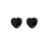 A pair of Foxy Originals Freya Earrings featuring heart-shaped black stones set in a silver-plated fine pewter border. Handmade in Canada.

