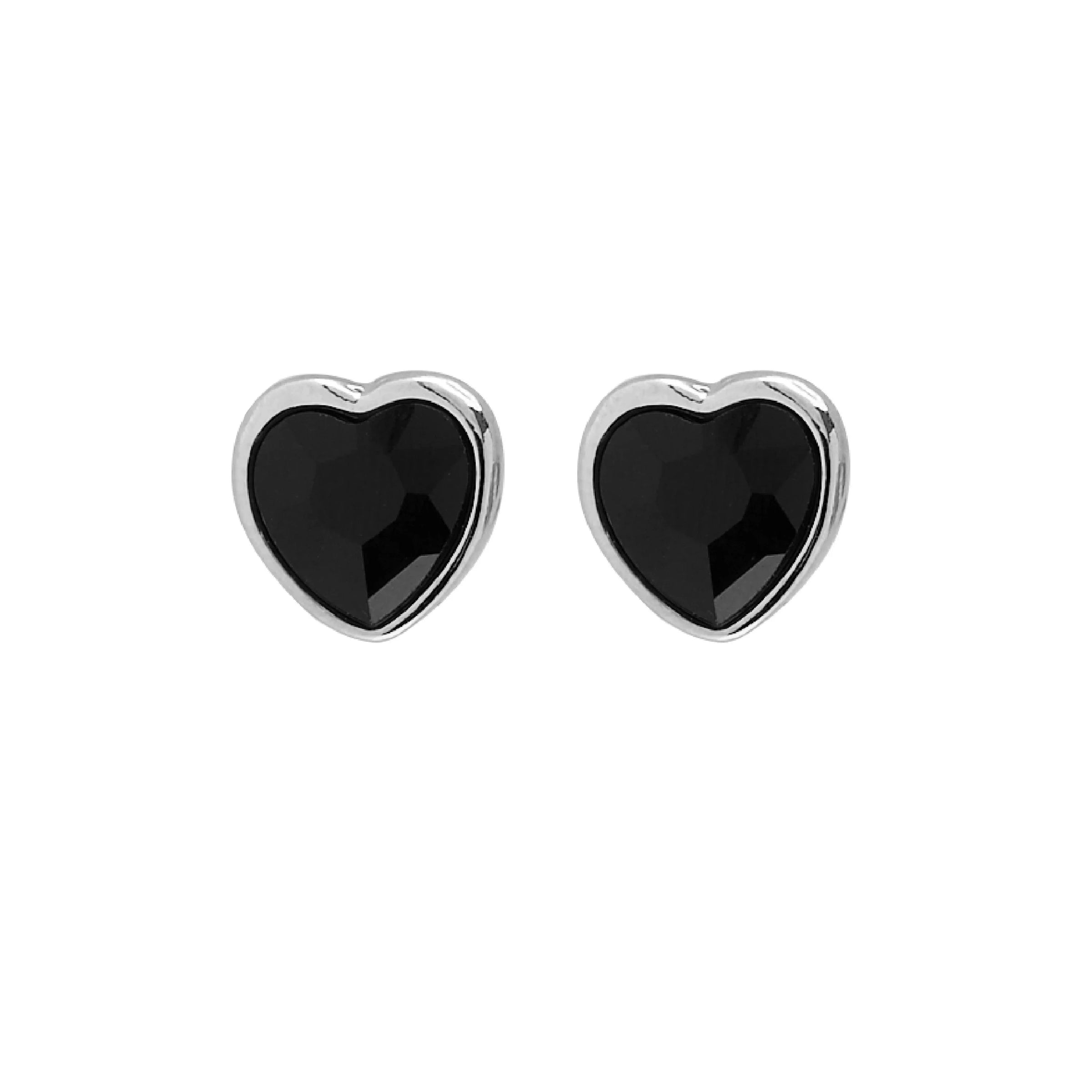 A pair of Foxy Originals Freya Earrings featuring heart-shaped black stones set in a silver-plated fine pewter border. Handmade in Canada.

