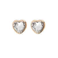 A pair of Foxy Originals Freya Earrings featuring heart-shaped clear crystal stones set in a 14K gold-plated fine pewter border. Handmade in Canada.

