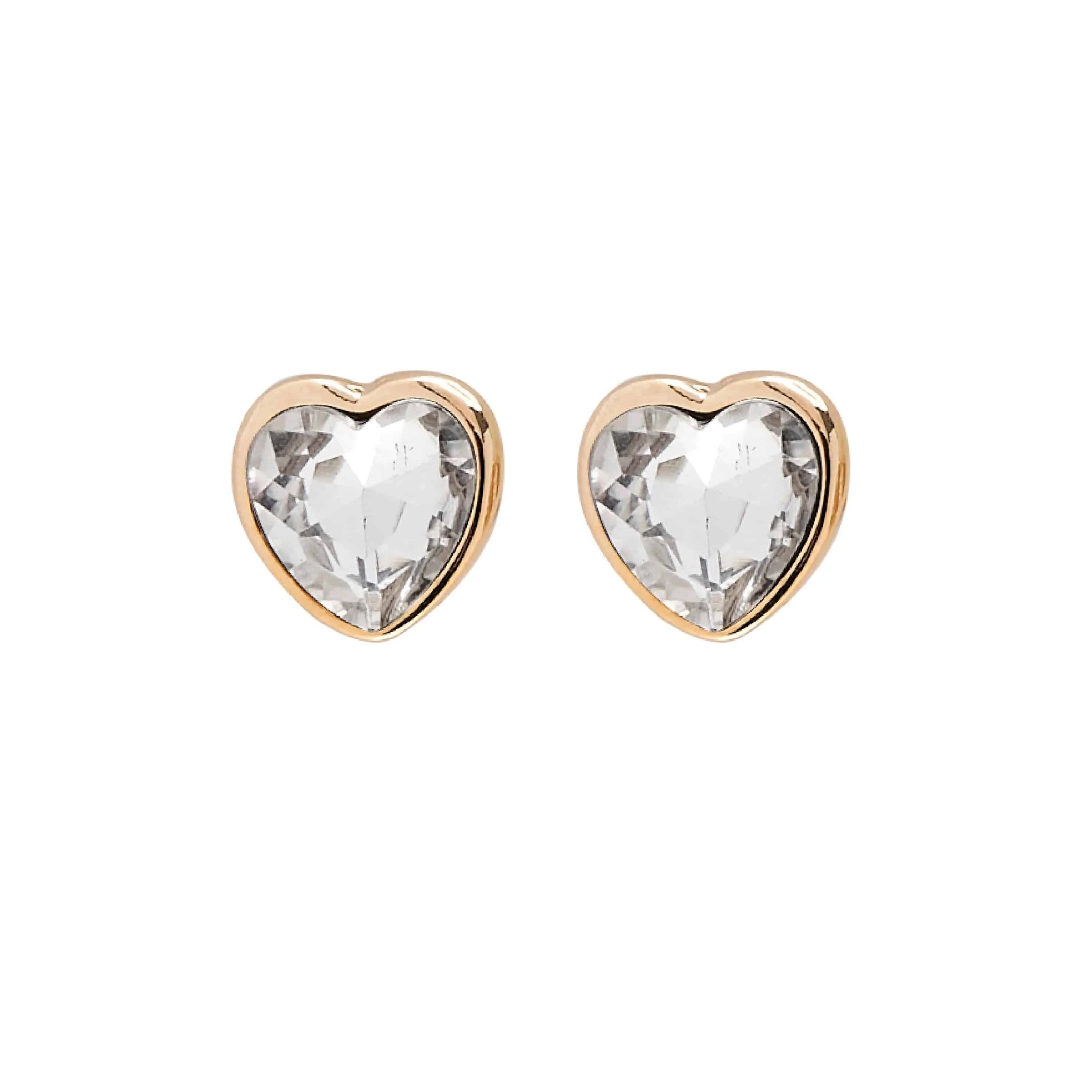 A pair of Foxy Originals Freya Earrings featuring heart-shaped clear crystal stones set in a 14K gold-plated fine pewter border. Handmade in Canada.

