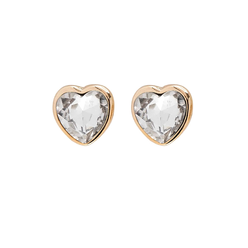 A pair of Foxy Originals Freya Earrings featuring heart-shaped clear crystal stones set in a 14K gold-plated fine pewter border. Handmade in Canada.

