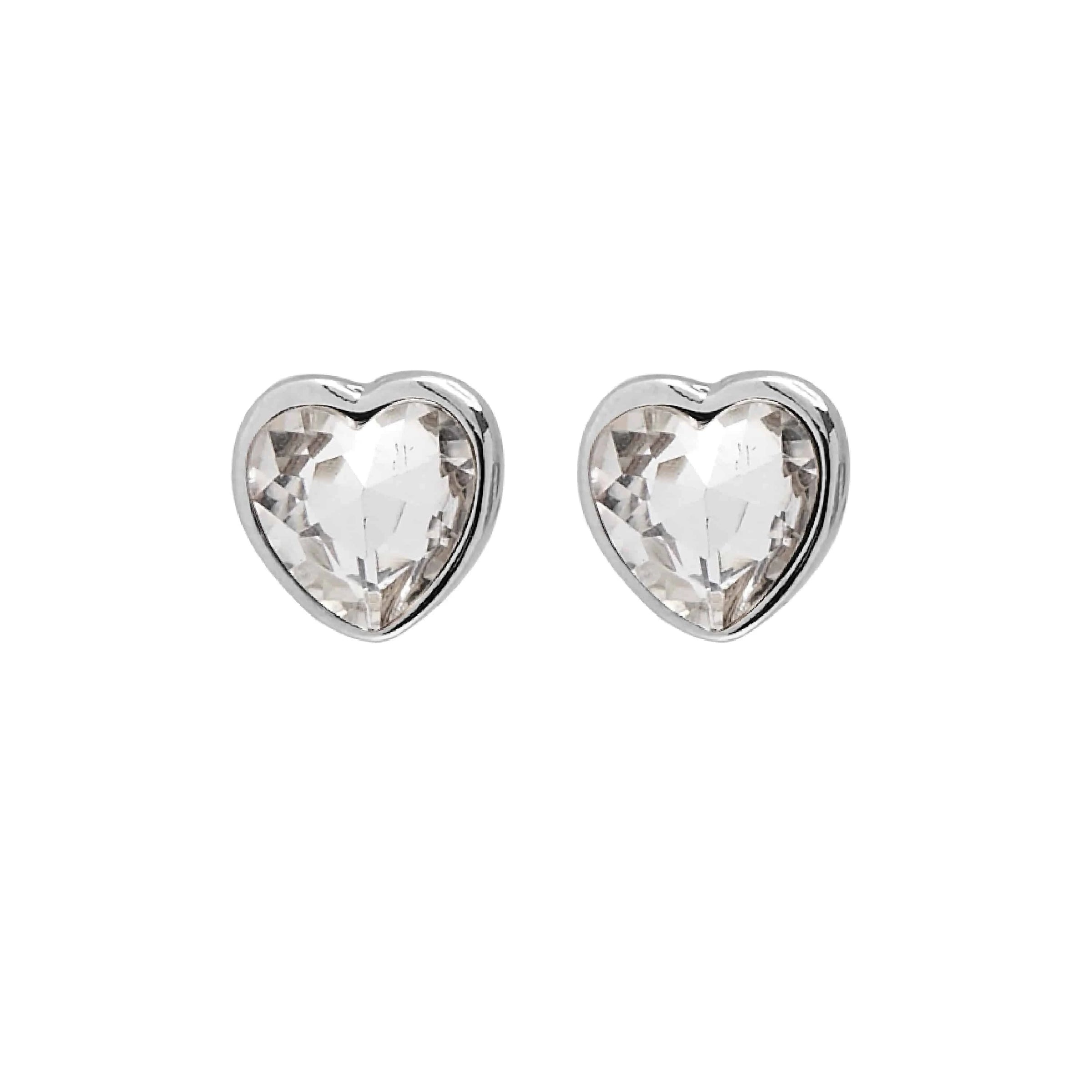 A pair of Foxy Originals Freya Earrings featuring heart-shaped clear crystal stones set in a silver-plated fine pewter border. Handmade in Canada.