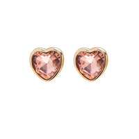 A pair of Foxy Originals Freya Earrings featuring heart-shaped rose-colored stones set in a 14K gold-plated fine pewter border. Handmade in Canada.
