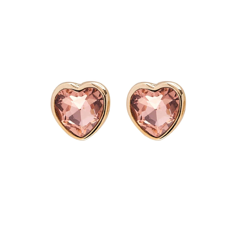A pair of Foxy Originals Freya Earrings featuring heart-shaped rose-colored stones set in a 14K gold-plated fine pewter border. Handmade in Canada.