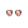 A pair of Foxy Originals Freya Earrings featuring heart-shaped rose-colored stones set in a silver-plated fine pewter border. Handmade in Canada.