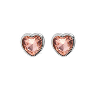 A pair of Foxy Originals Freya Earrings featuring heart-shaped rose-colored stones set in a silver-plated fine pewter border. Handmade in Canada.