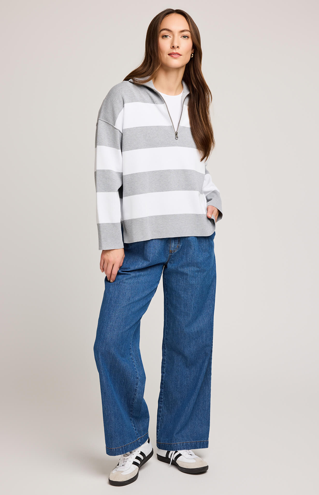 Gentle Fawn Idris Sweater in Ash Stripe, front view on model wearing jeans, available at Lemonberry Aurora