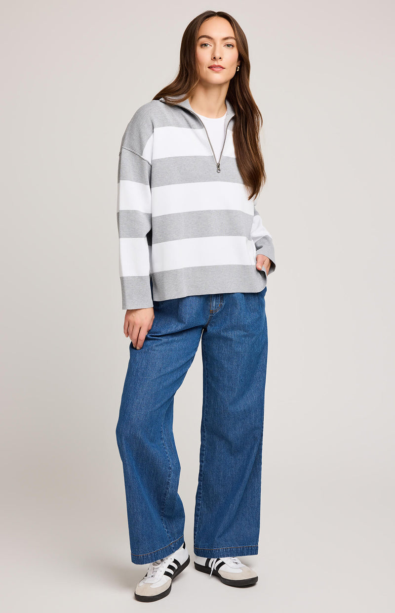 Gentle Fawn Idris Sweater in Ash Stripe, front view on model wearing jeans, available at Lemonberry Aurora