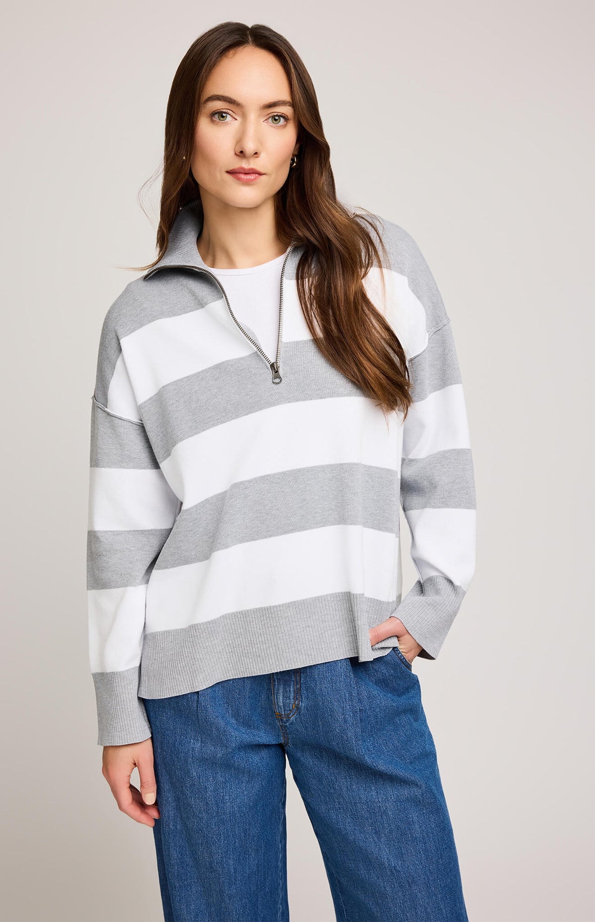 Gentle Fawn Idris Sweater Ash Stripe, close-up of soft knit texture and neckline