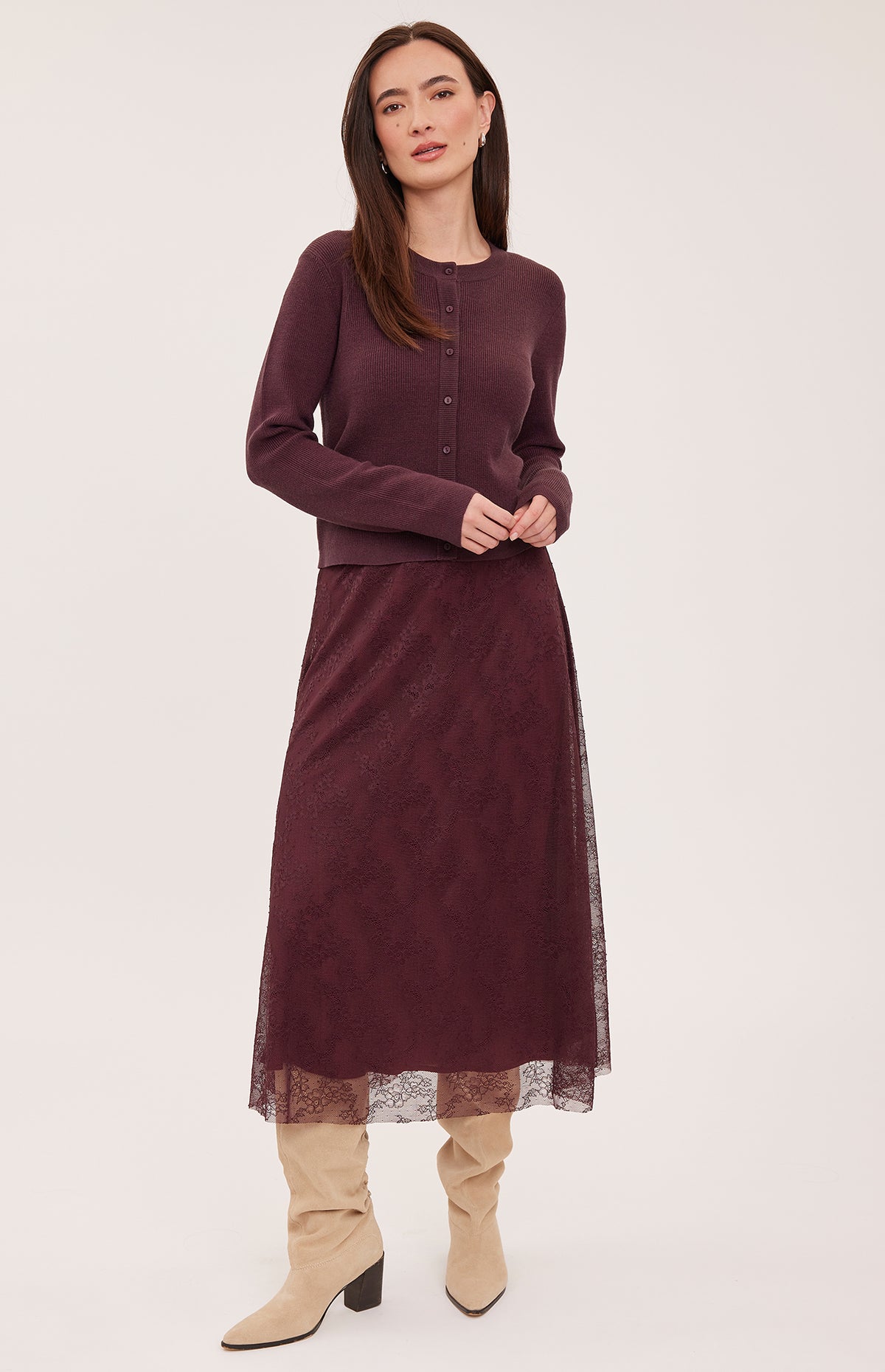 Gentle Fawn Lettie Lace Midi Skirt in Port