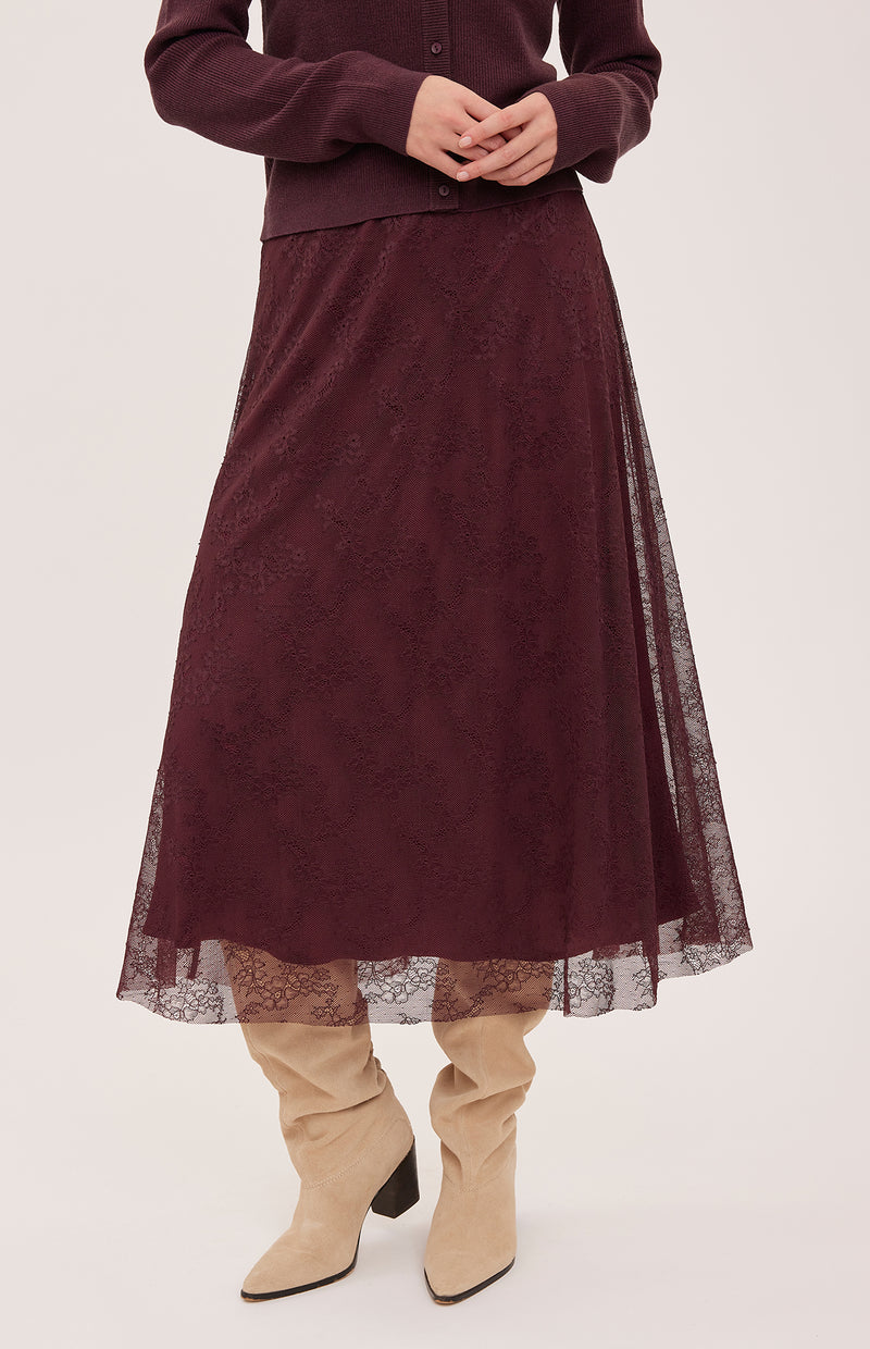 Gentle Fawn Lettie Lace Midi Skirt in Port