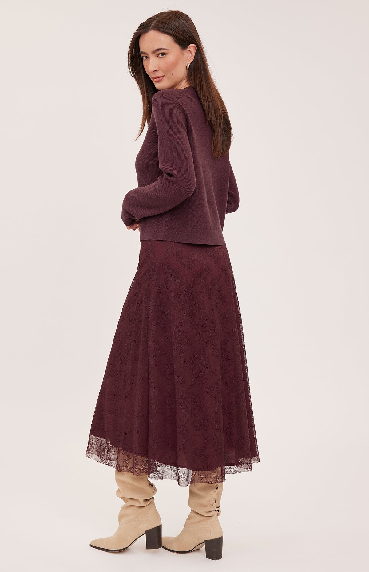 Gentle Fawn Lettie Lace Midi Skirt in Port