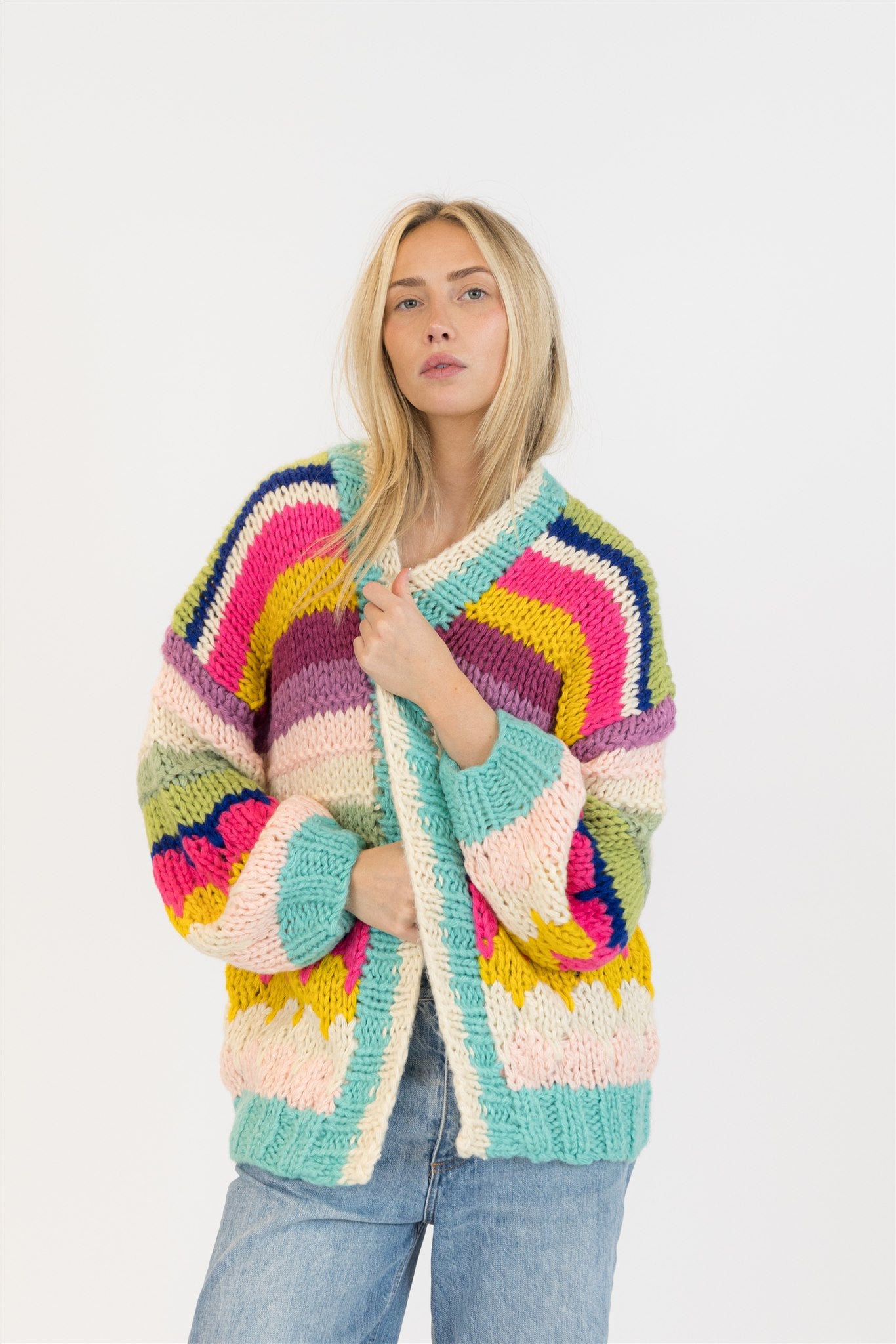 Front-facing view of Haven Cardigan’s bold colour-block pattern and drapey silhouette