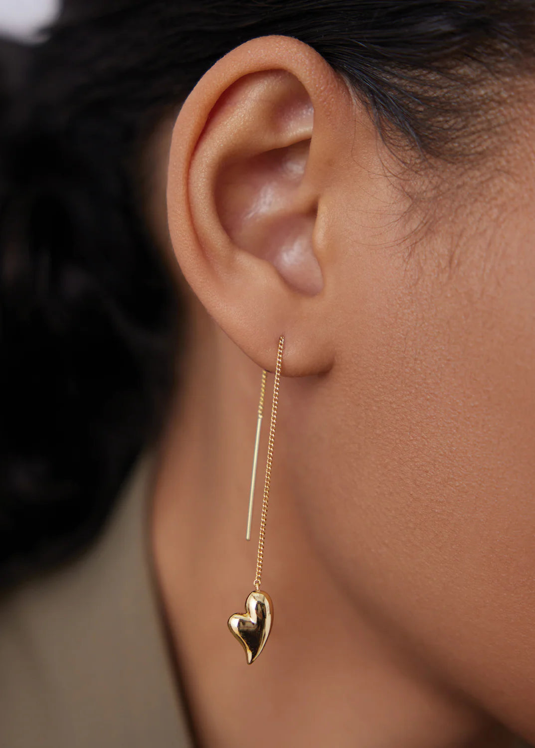 Jenny Bird Puffy Heart Threader Earrings – High-Polish Gold