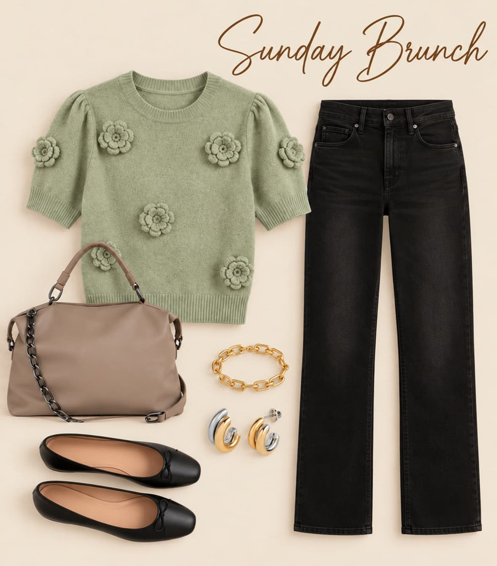 Outfit pieces arranged in a flatlay