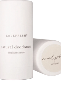 Close up of Lovefresh Natural Deodorant Stick in Eucalyptus scent, showcasing its smooth texture and natural ingredients.