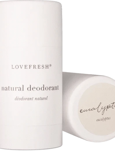 Close up of Lovefresh Natural Deodorant Stick in Eucalyptus scent, showcasing its smooth texture and natural ingredients.