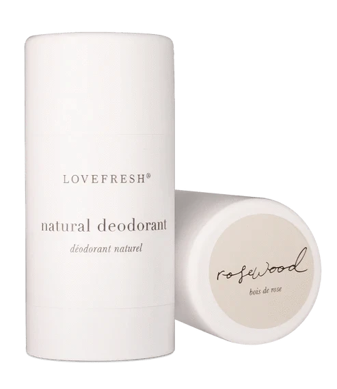 Close-up of Lovefresh Natural Deodorant Stick in Rosewood scent, highlighting its smooth texture and natural formula.