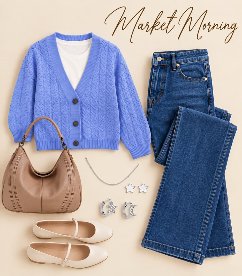 Outfit pieces arranged in a flatlay