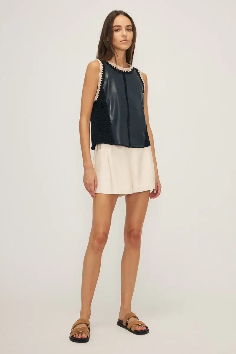 Naru tank by Melissa Nepton paired with white shorts and sandals, at Lemonberry in Aurora Ontario.