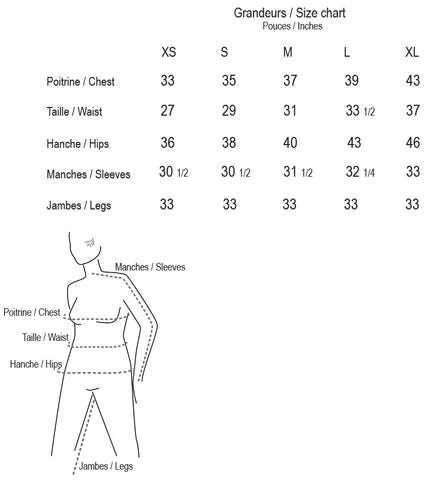 Size chart for Melissa Nepton clothing measurements with a diagram of a person