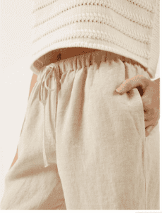 Close up of the Allen Pants in oat at Lemonberrry.
