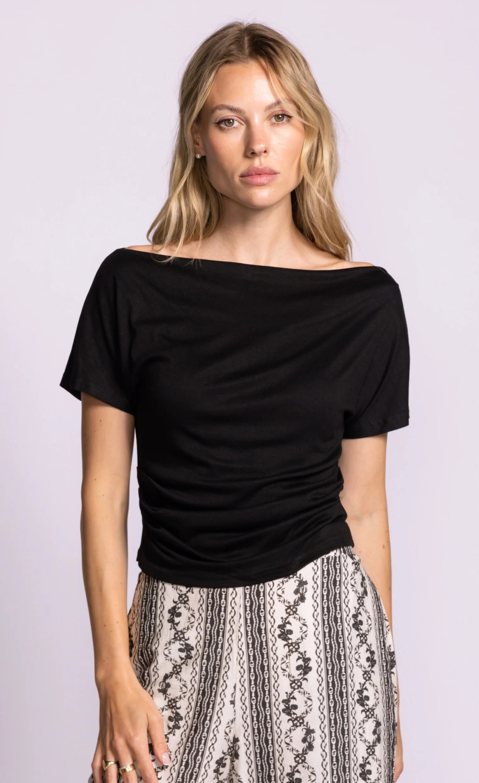 Pink Martini Cindy Top Black Draped Boat Neck Tee