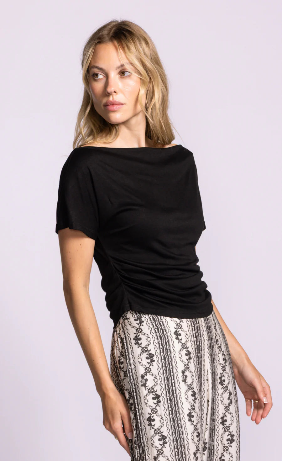 Pink Martini Cindy Top Black Draped Boat Neck Tee