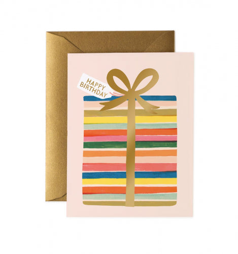 Feliz Birthday Present Card by Rifle Paper Co. with colourful stripes and gold bow, shop online in Vancouver at Lemonberry.ca