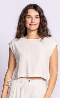 Front view of the Aiden Top by Pink Martini – a lightweight linen-viscose blend with waist side ties.