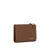 Aiko Wallet in brown vegan leather, angled front view highlighting the button clasp and compact design.