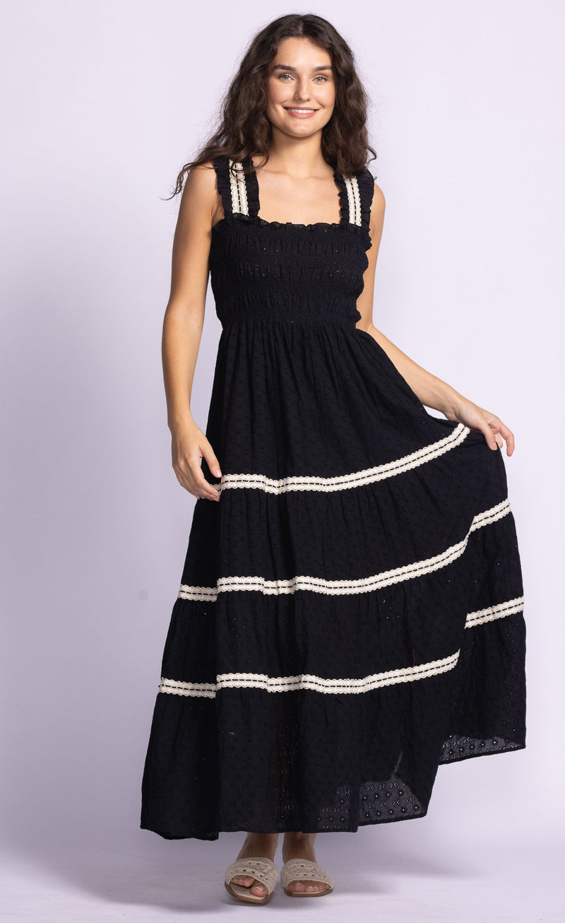 Amber Dress by Pink Martini – front view of tiered midi eyelet dress with ruffle straps.