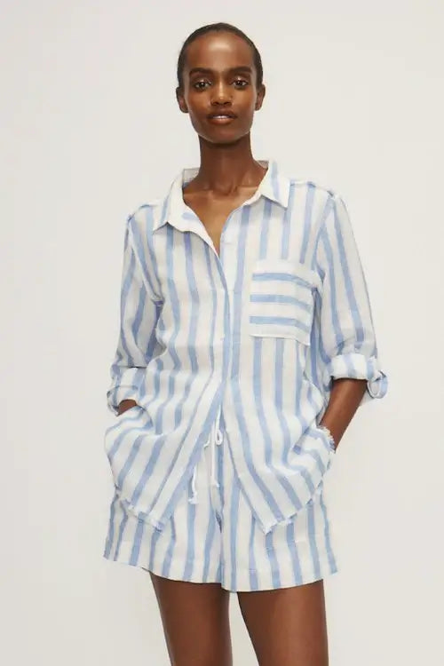 Front view of Anais wide stripe linen-cotton shirt by Melissa Nepton — shop online or in-store at Lemonberry near Richmond Hill and Newmarket.