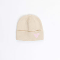 Beige knit beanie with a pink heart on a white background