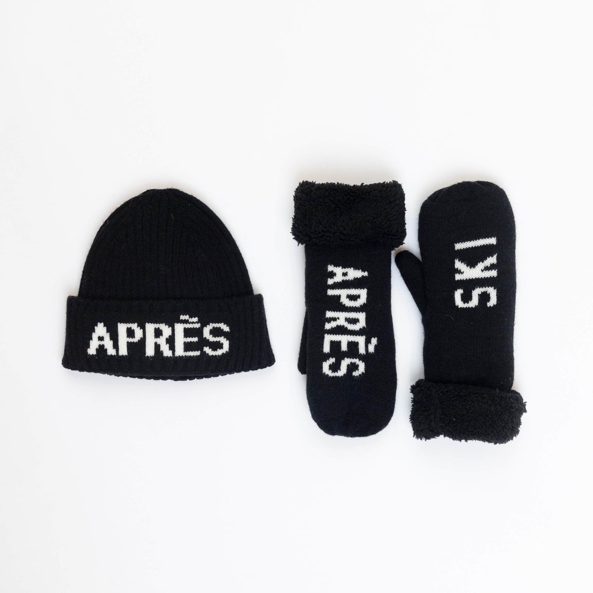 Black beanie and gloves set with 'APRèS' text on a white background